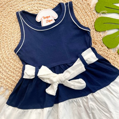 Vestido Bicolor com Laço - Marinho e Branco